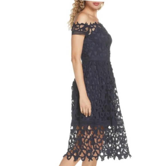 NWT Chi Chi London Roma Navy Lace Midi Dress Off Shoulder Size 8 - Picture 3 of 12